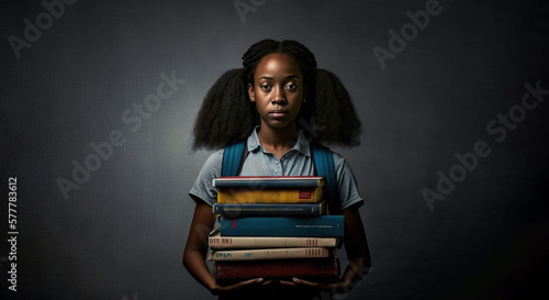 Education and learning. Portrait of  African-American schoolgirl holding a stack of schoolbooks on studio background. photo