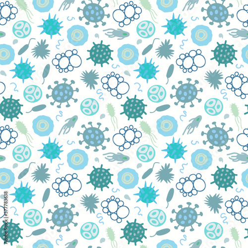 Bacteria and germs seamless pattern. Hand drawn green and blue microorganisms.