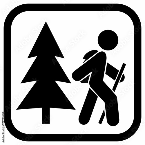 Hiker in nature, black silhouette of person with backpack and tree, vector icon on black frame