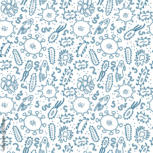 Bacteria and germs outline pattern. Repeated microorganisms isolated on white background.