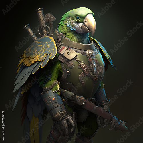 Антропоморфный попугай в тяжелой броне с оружием, Generative ai