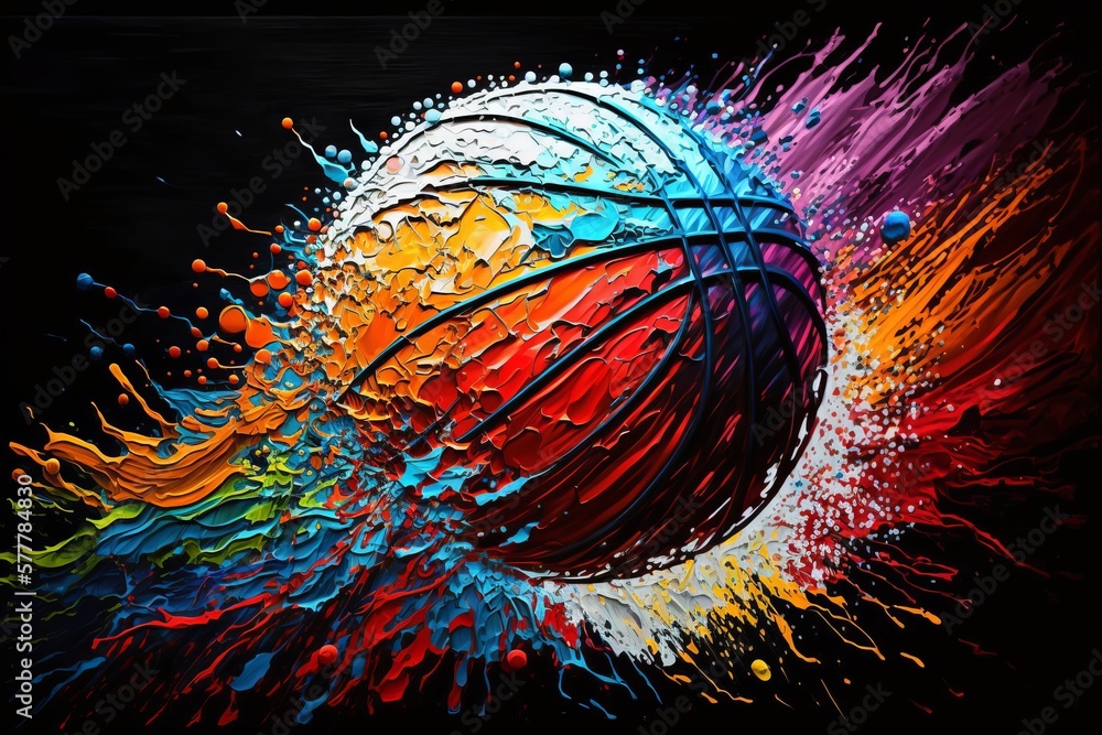 Piłka do koszykówki abstrakcyjny kolorowy akrylowy obraz Generative AI - obrazy, fototapety, plakaty 