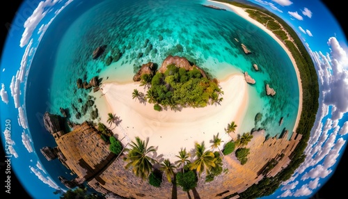 Aerial view of a tropical island with crystal clear waters and sandy beaches 24mm lens f8 vibrant fisheye lens Generative AI