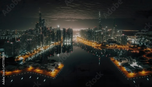 Beautiful night view of a city with lake around it Generative AI