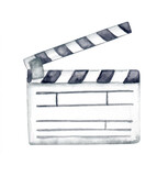 Movie clapperboard on white background. Watercolor hand drawn illustration