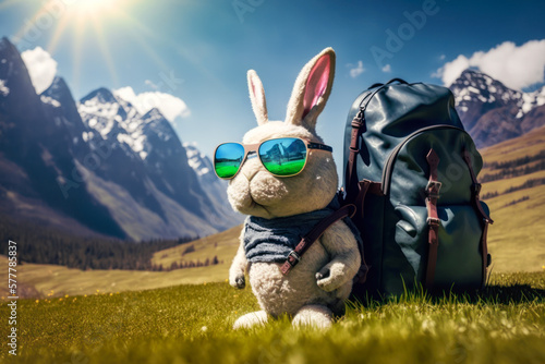 Osterhase macht Urlaub mit einem Rucksack in den Bergen