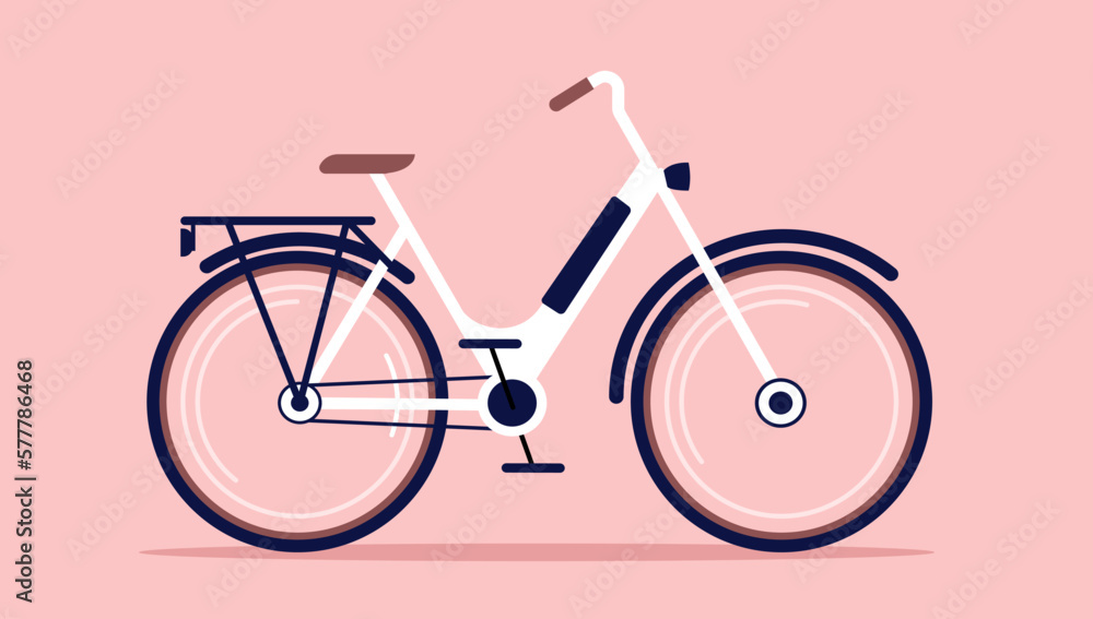 Electric bike - Vector illustration of female e-bike for women in white colour, side view and flat design on light pink background