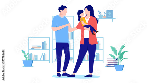 Parents with one child - Couple standing at home in living room holding little kid girl in hands. Flat design vector illustration with white background