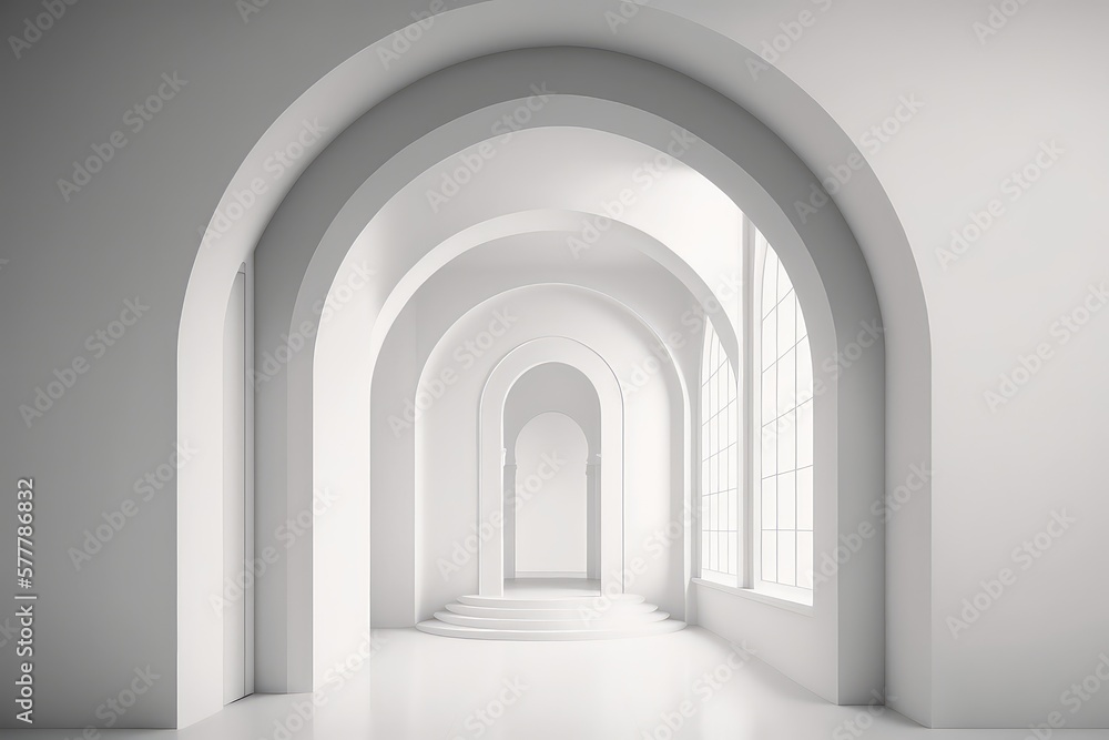 White minimalistic interior with arches. Generative AI White minimalistic interior with arches. Generative AI