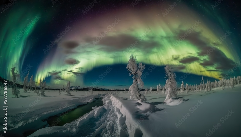 Enchanting northern lights dancing over a snowy landscape 24mm lens f2.8 surreal wide  Generative AI