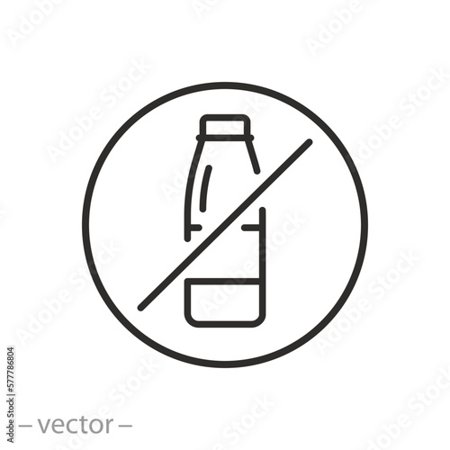 lactose free icon, milk bottle crossed out, no dairy product, thin line symbol on white background - editable stroke vector illustration eps10