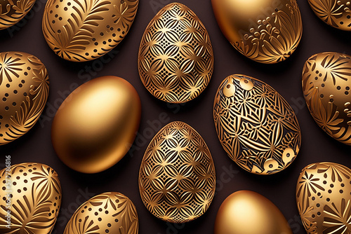 Golden Easter eggs with carved ornament, pattern, AI