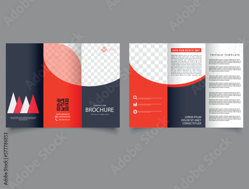 Red business trifold brochure template. Vector empty trifold brochure print template design