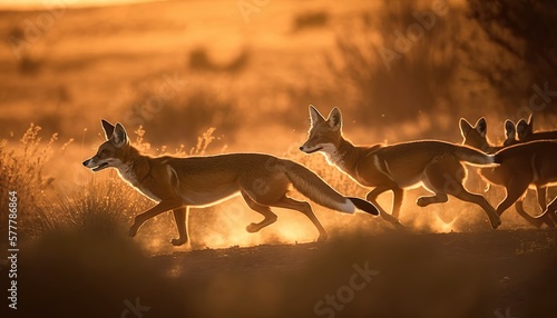 Foxes running backlit dawn nature documentary shot on Fujifilm Pro 160NS Generative AI