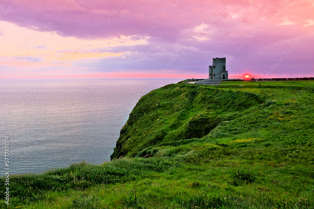 Sunset at the Cliffs of Moher with O'Brien's Tower, Ireland