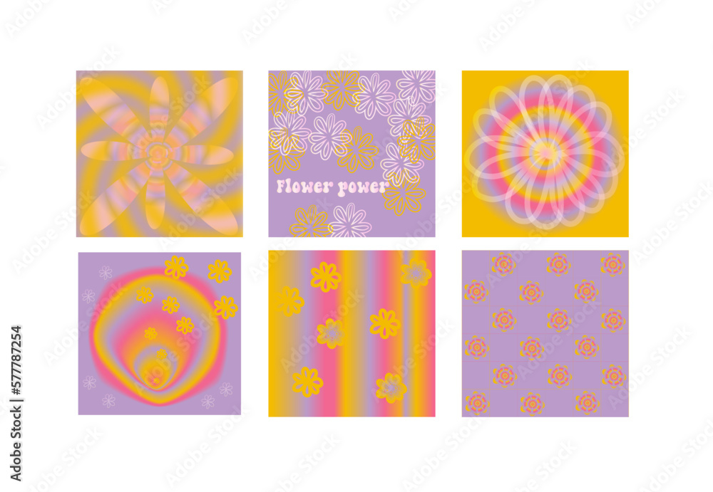 Vector backgrounds in groovy psychedelic style with y2k flowers - abstract backdrops and design templates for social media posts and stories, cards and posters