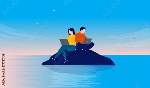 Working in peace and quiet - Two people man and woman working together on laptop computers alone on deserted island. Flat design vector illustration