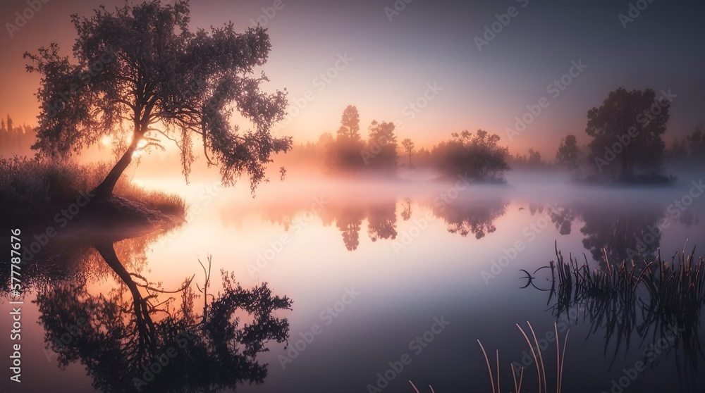 Tranquil lake with mist and trees in the background during sunrise 35mm lens f5.6 peaceful standard lens  Generative AI