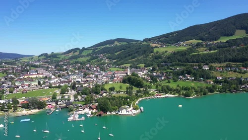 aerial view of mondsee ,basilica of saint michael, region salzkammergut,travel photography by drone, photo