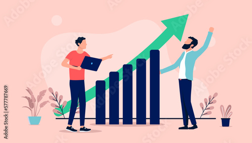 People with rising graph - Two investor businessmen cheering and celebrating profits in front of diagram and green arrow pointing up. Flat design vector illustration