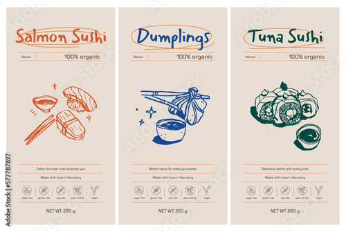 Hand drawn line art food vector packaging label design template. Boho style illustration of elegant signs and badges for cafe, restaurant, food and drinks products.