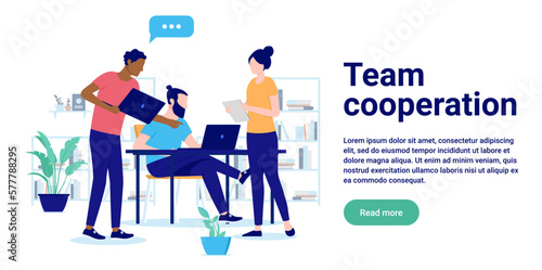 Team cooperation - People working together, supporting and helping each other in offie workplace. Teamwork concept, flat design vector illustration with white background