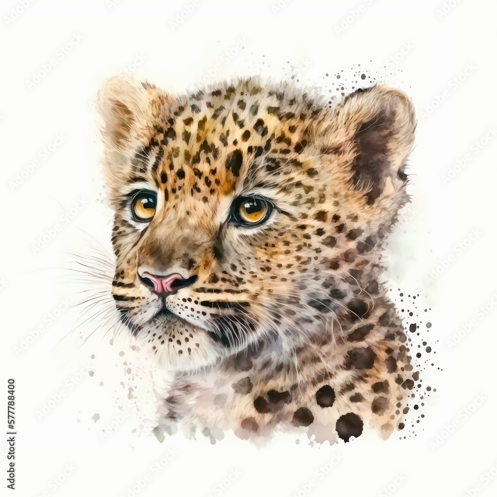 Obraz premium Abstract portrait of a beautiful leopard in aquarelle style. Watercolor illustration of a spotted wildcat on white background. Generative AI art.