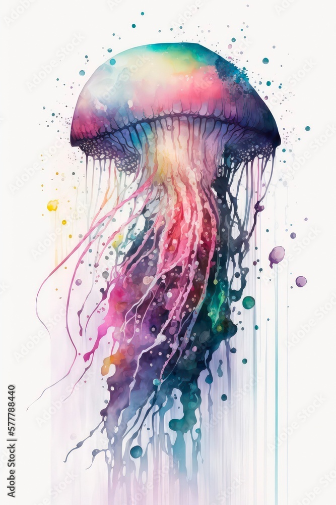 Fototapeta premium Abstract watercolor illustration of a jellyfish underwater. Vertical colorful drawing of a medusa in aquarelle style with paint splatters. Generative AI art.