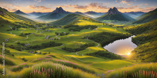 Beautiful summer mountain landscape at sunset. Illustration with mountains, fog, hills, trees, flowers, sky with clouds and sun. Green valley with groves, lake, small houses and roads. Generative AI
