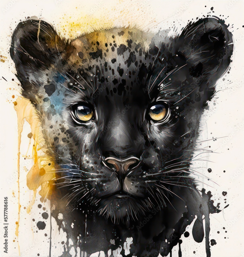 Abstract portrait of a beautiful black panther in aquarelle style ...
