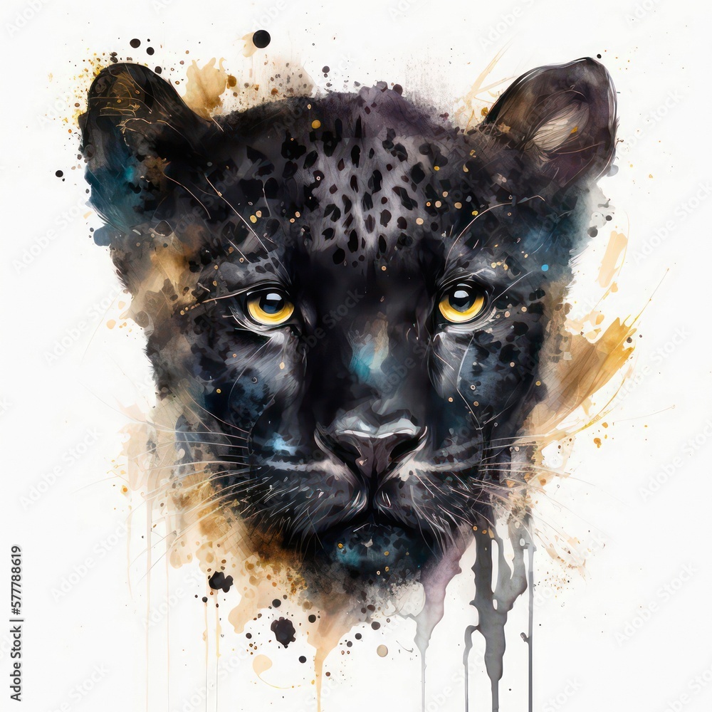 Abstract portrait of a beautiful black panther in aquarelle style ...