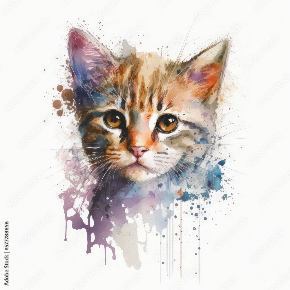 Watercolor illustration of a cute little kitten on white background. Adorable small cat in aquarelle style. Generative AI art.