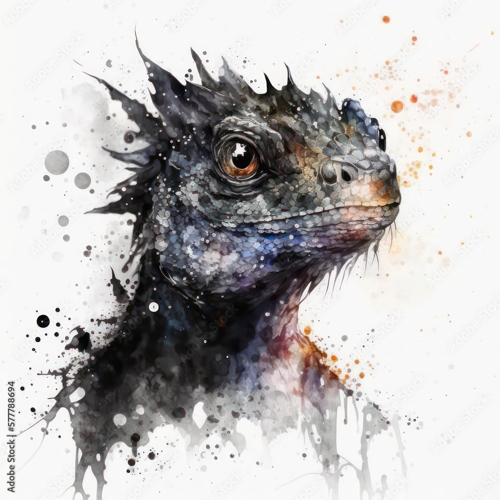 Watercolor painting of a black dragon with paint splatters. Dark dinosaur, pretty creature. Generative AI art. Watercolor painting of a black dragon with paint splatters. Dark dinosaur, pretty creature. Generative AI art.