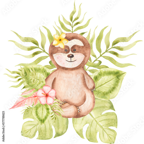 Sloth clipart. Watercolor Baby Sloth clip art  Tropical animal  Leaves Frame  Jungle Flower bouquet  Baby Shower  Kids Birthday Party
