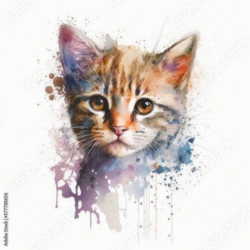 Watercolor illustration of a cute little kitten on white background. Adorable small cat in aquarelle style. Generative AI art. © Hanna