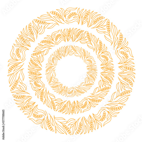 Wheat floral ornament circle frame for bakery. Spikelets and ears of wheat, rye or barley. Editable outline stroke. Vector line.