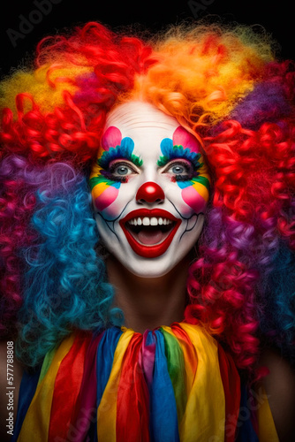 Cute beautiful clown woman  her whole face is painted white  her makeup is bright. ai generative