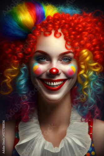 Cute beautiful clown woman, her whole face is painted white, her makeup is bright. ai generative