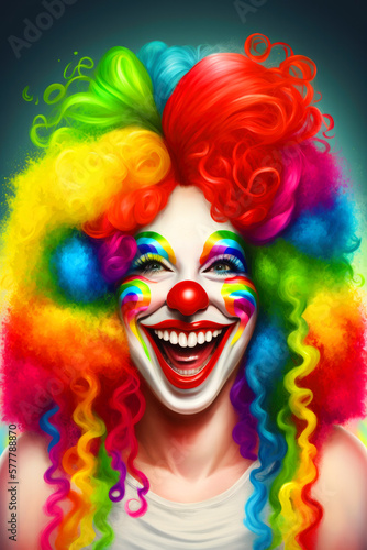 Cute beautiful clown woman, her whole face is painted white, her makeup is bright. ai generative
