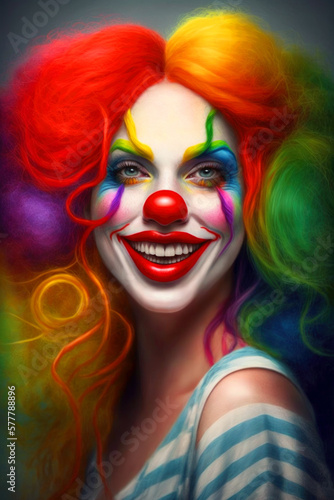 Cute beautiful clown woman, her whole face is painted white, her makeup is bright. ai generative