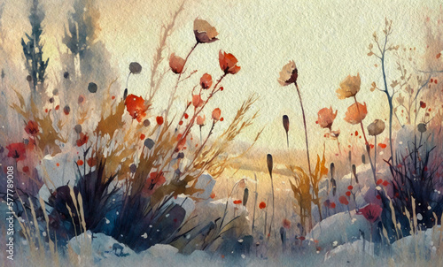 Watercolor painting of flowers, poppies in the sky, winter landscape