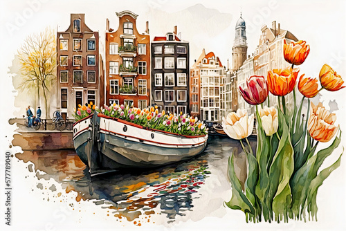 AI Generative art, Abstract Amsterdam city view with nordic architecture and tulips flower, Travel concept Poster photo