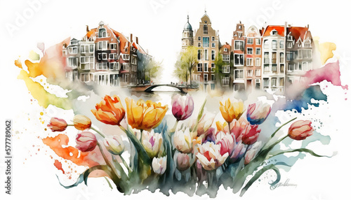 AI Generative art, Abstract Amsterdam city view with nordic architecture and tulips flower, Travel concept Poster photo