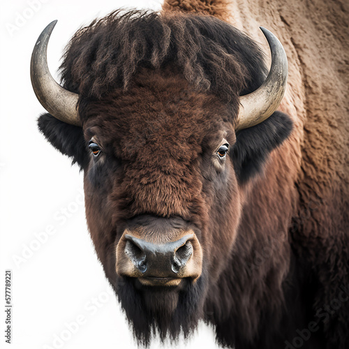 American bison head closeup portrait isolated on white, beautiful powerful animal, for tattoo, design and banners