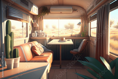 Interior of motorhome. Vehicle trailer inside view. Car travel at summer. Created with Generative AI