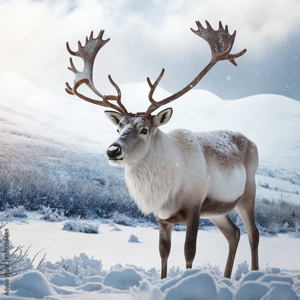 Reindeer with big antlers close-up on the background of nature and snow, ai generative Reindeer with big antlers close-up on the background of nature and snow, ai generative