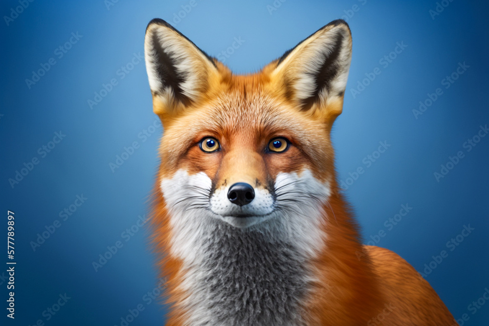 Fototapeta premium Cute fluffy fox portrait on the simple background, super photo realistic, generative ai