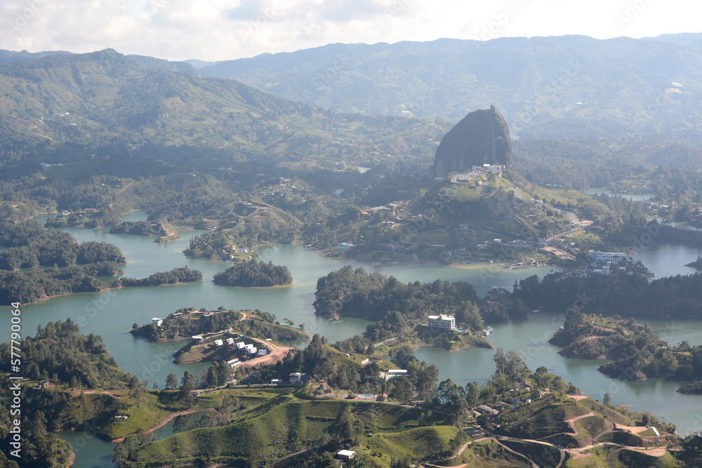 Obraz premium Aerial view of El Penol rock and Guatapé lake. Antioquia department. Colombia
