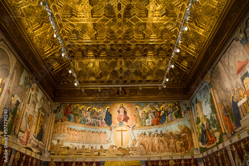 A room completely frescoed with religious subjects, inside Toledo Cathedral, Spain.