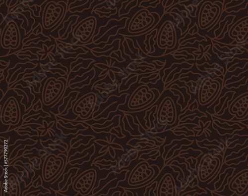 Cocoa background. Chocolate pack design. Floral ornament. Beans and branches leaves. Editable outline stroke. Vector line.